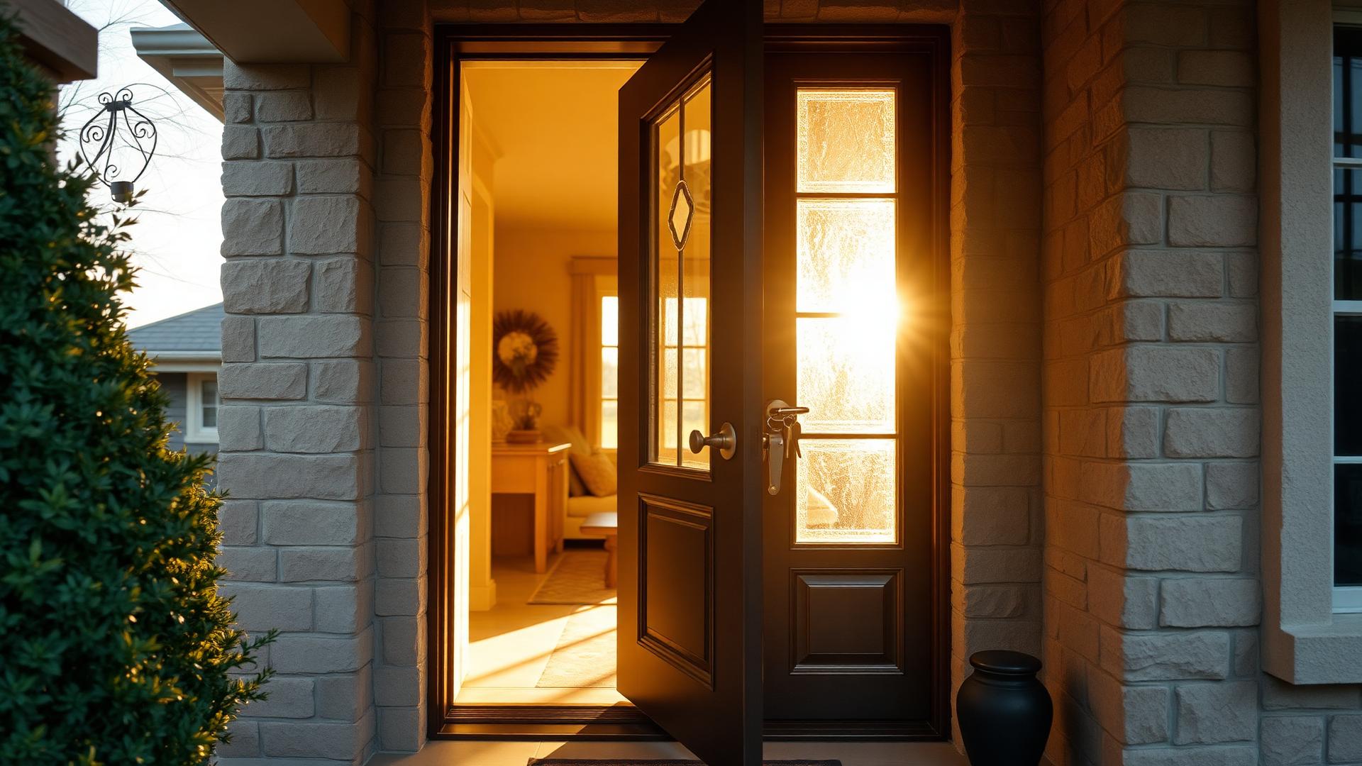 Limestone Texas home exterior with large windows at golden hour