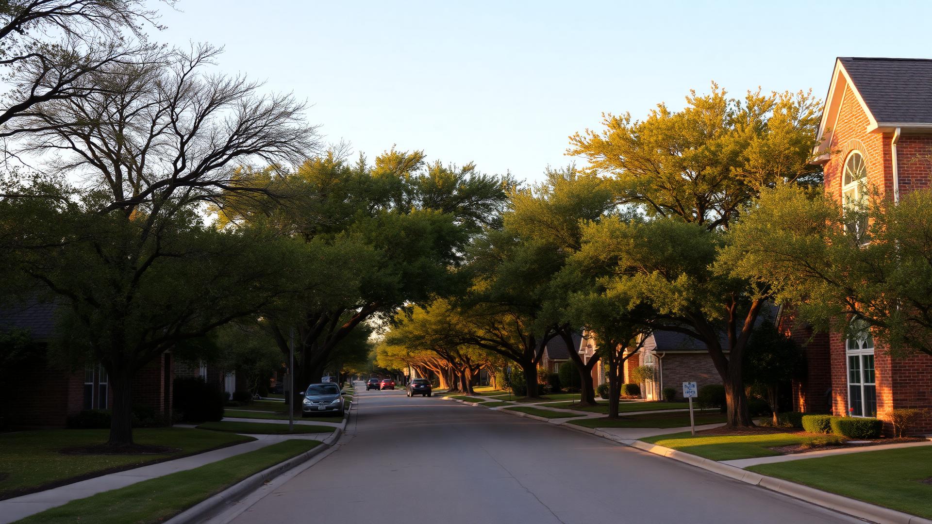 Mature tree-lined residential street in Cedar Park, Texas