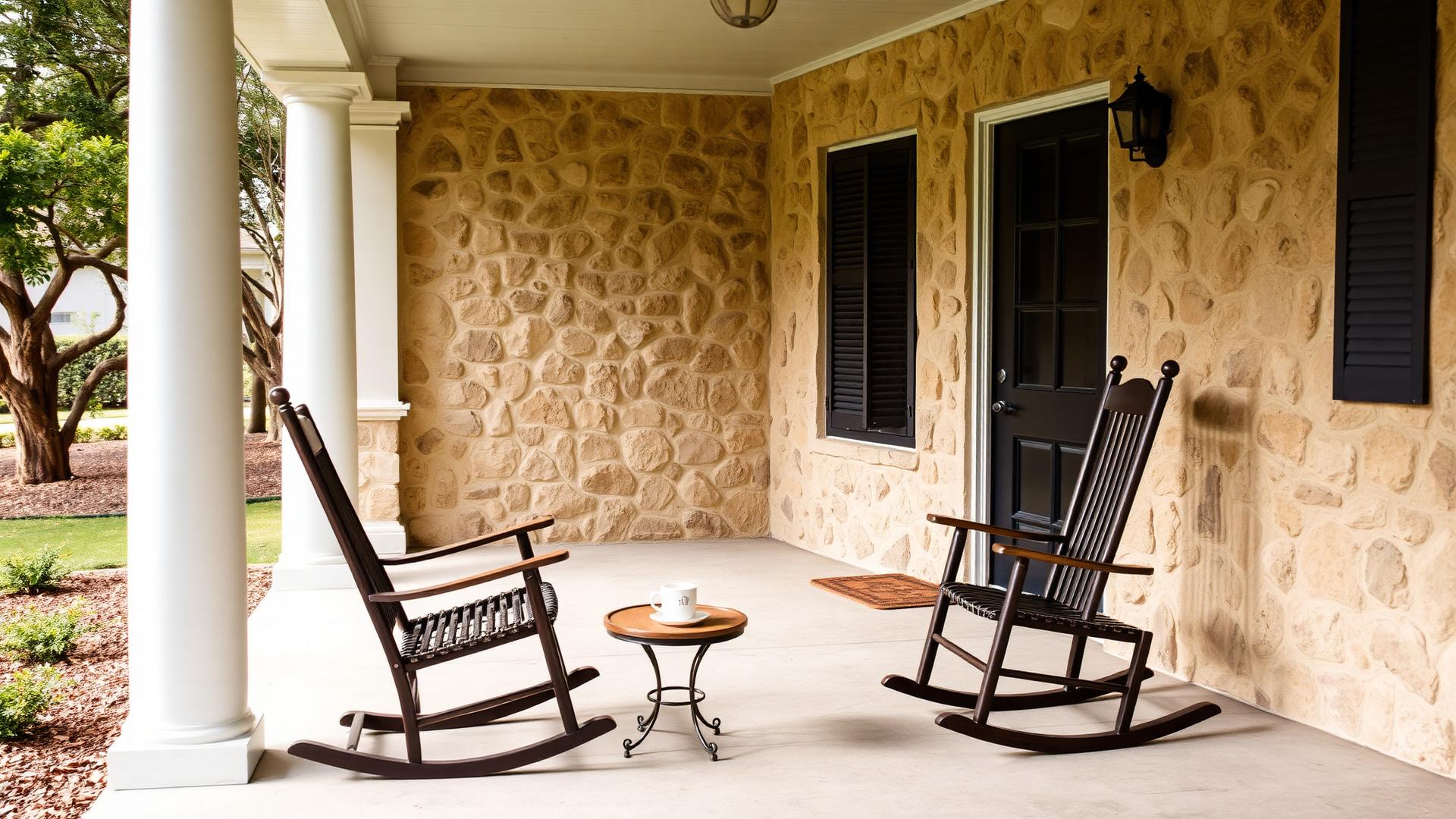 Front porch of a Texas home with rocking chairs at sunset