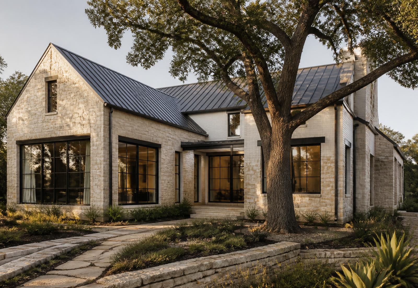 Limestone Texas Hill Country home exterior with a mature oak tree