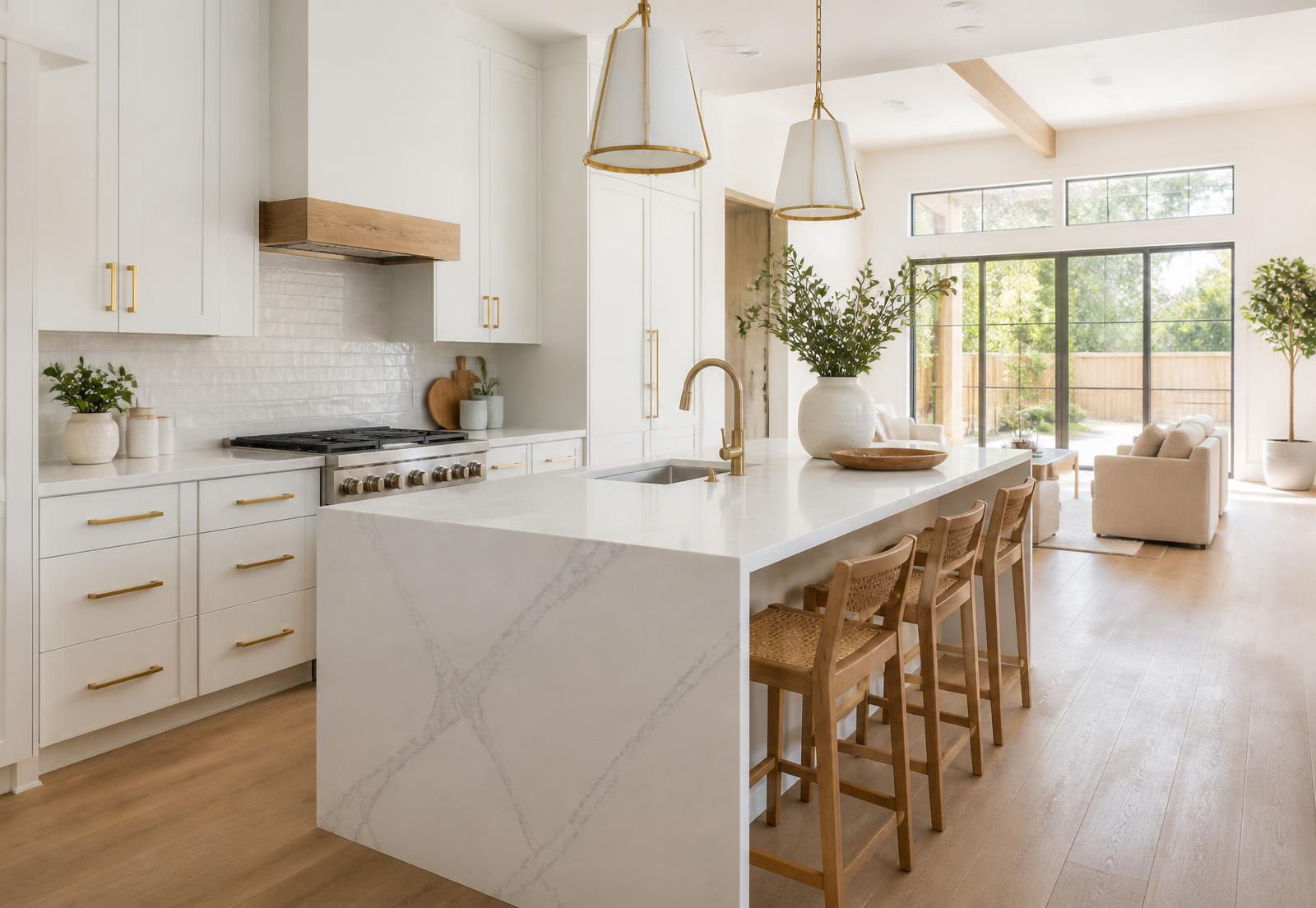 Interior of a newly built home with white kitchen and natural light